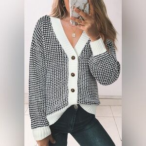 Waffle-Knit Drop Shoulder Button-Down Cardigan